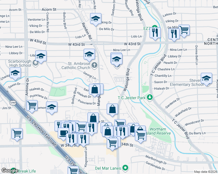 map of restaurants, bars, coffee shops, grocery stores, and more near 4802 Chantilly Lane in Houston