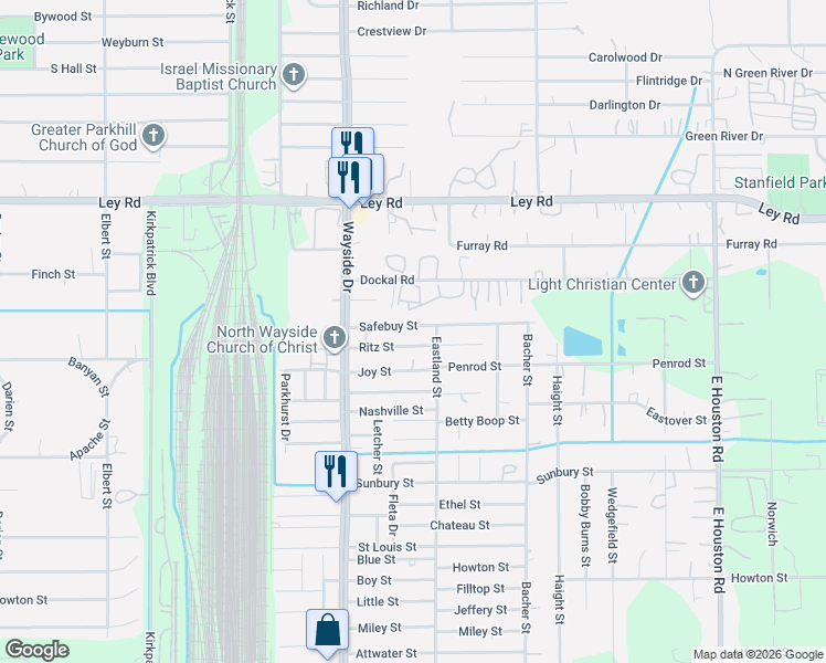 map of restaurants, bars, coffee shops, grocery stores, and more near 7985 Safebuy Street in Houston