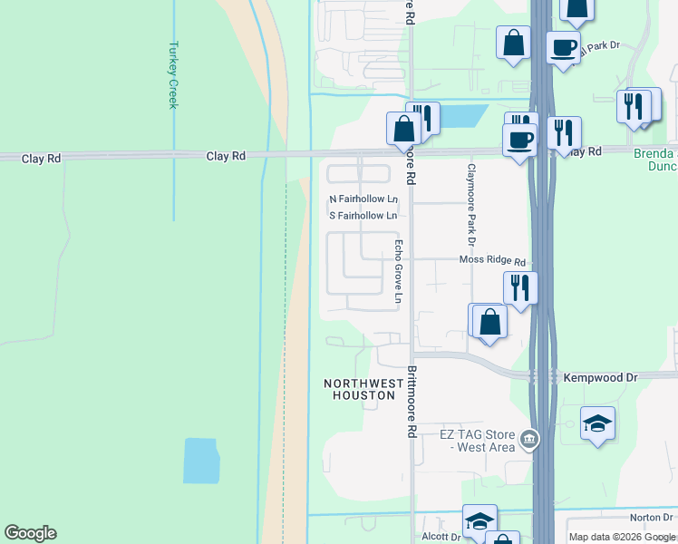 map of restaurants, bars, coffee shops, grocery stores, and more near 3807 Mountain Rose Lane in Houston