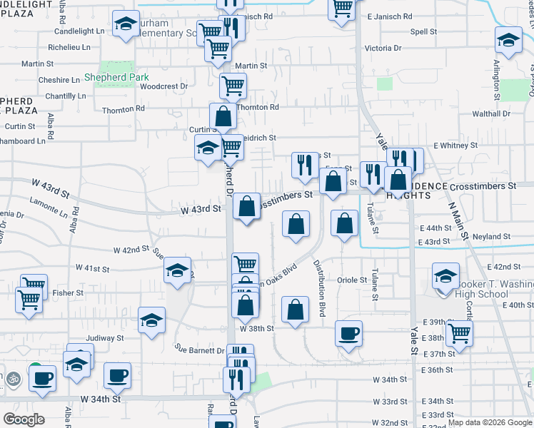 map of restaurants, bars, coffee shops, grocery stores, and more near 641 West Crosstimbers Street in Houston