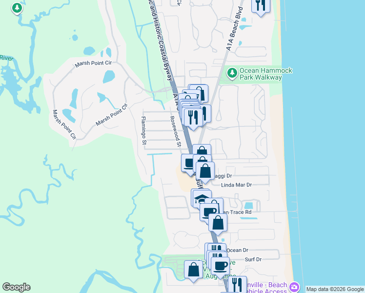 map of restaurants, bars, coffee shops, grocery stores, and more near 3740 Rosewood Street in St. Augustine