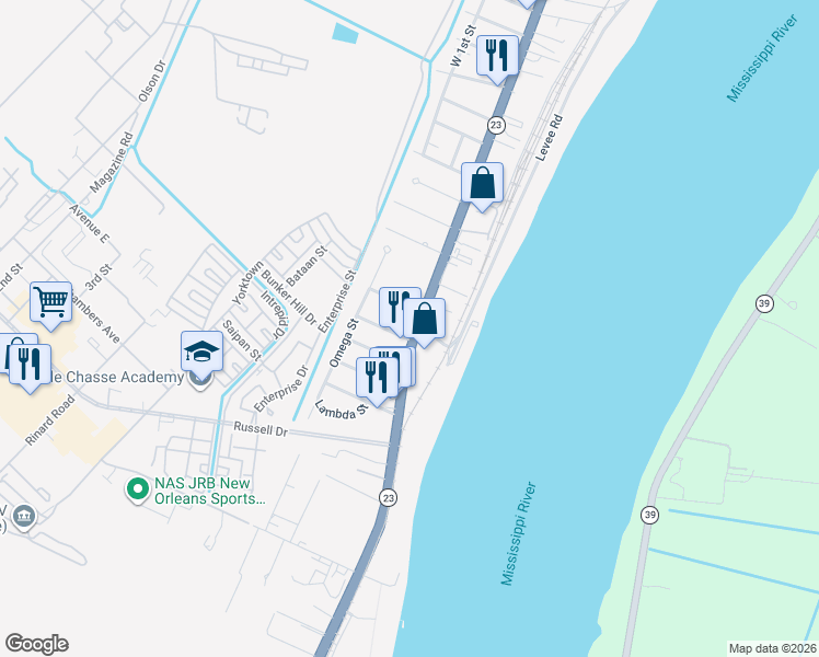 map of restaurants, bars, coffee shops, grocery stores, and more near 107 Ballay Drive in Belle Chasse