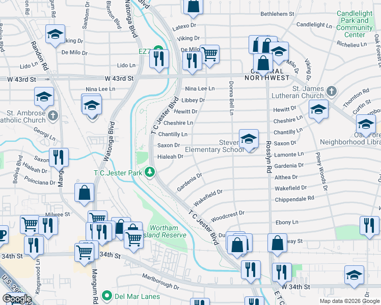 map of restaurants, bars, coffee shops, grocery stores, and more near 2131 Saxon Drive in Houston