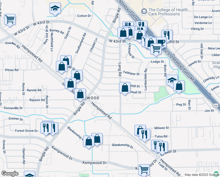 map of restaurants, bars, coffee shops, grocery stores, and more near 6621 Underhill Street in Houston