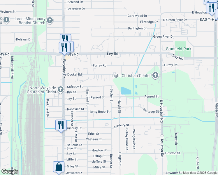 map of restaurants, bars, coffee shops, grocery stores, and more near 8234 Safebuy Street in Houston