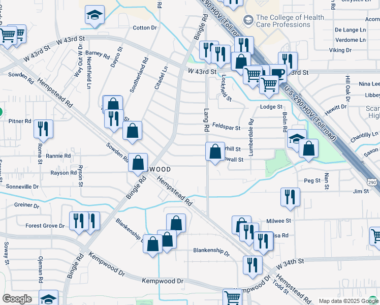 map of restaurants, bars, coffee shops, grocery stores, and more near 6621 Underhill Street in Houston