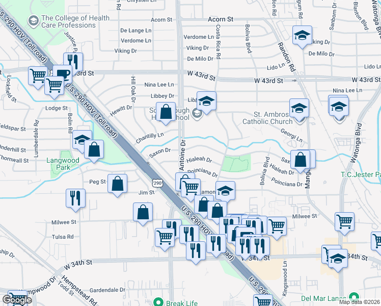 map of restaurants, bars, coffee shops, grocery stores, and more near 5418 Saxon Drive in Houston