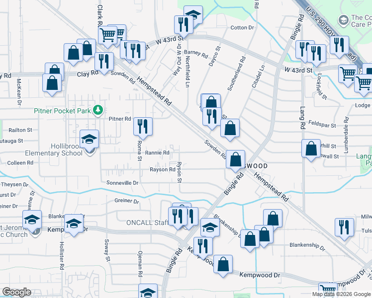 map of restaurants, bars, coffee shops, grocery stores, and more near 36066 Sowden Road in Houston