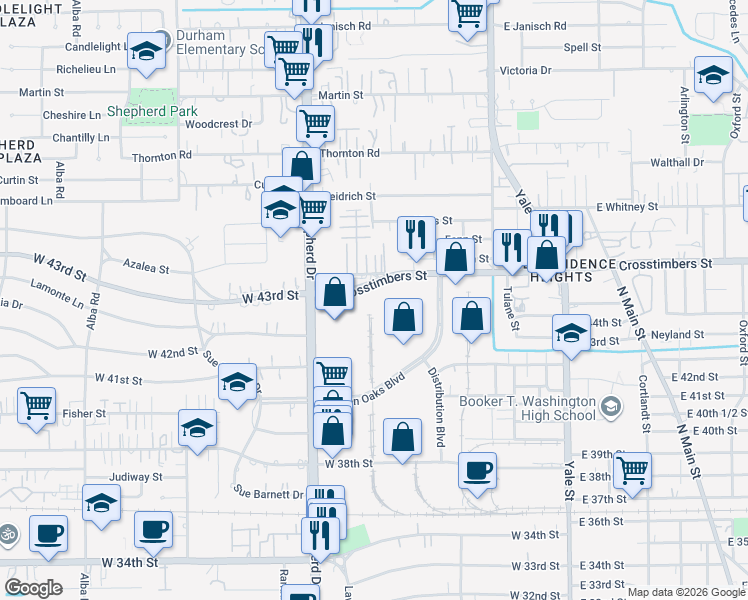 map of restaurants, bars, coffee shops, grocery stores, and more near 641 West Crosstimbers Street in Houston