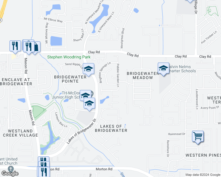 map of restaurants, bars, coffee shops, grocery stores, and more near 21206 Bridgemeadows Lane in Katy