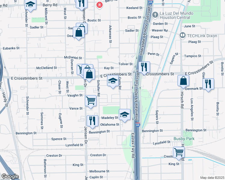 map of restaurants, bars, coffee shops, grocery stores, and more near 7501 Curry Road in Houston