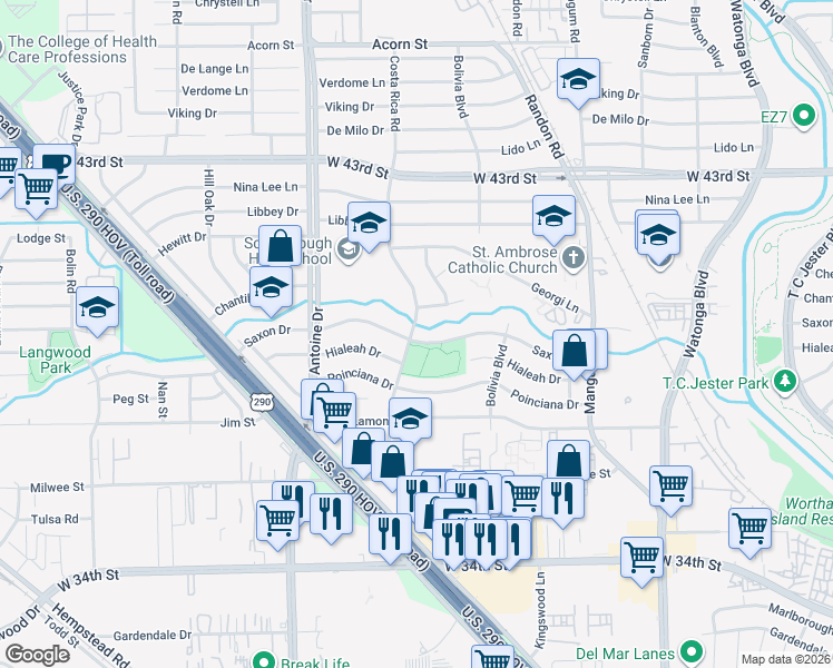 map of restaurants, bars, coffee shops, grocery stores, and more near 5234 Saxon Drive in Houston
