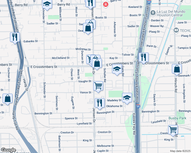 map of restaurants, bars, coffee shops, grocery stores, and more near 7515 Jensen Drive in Houston