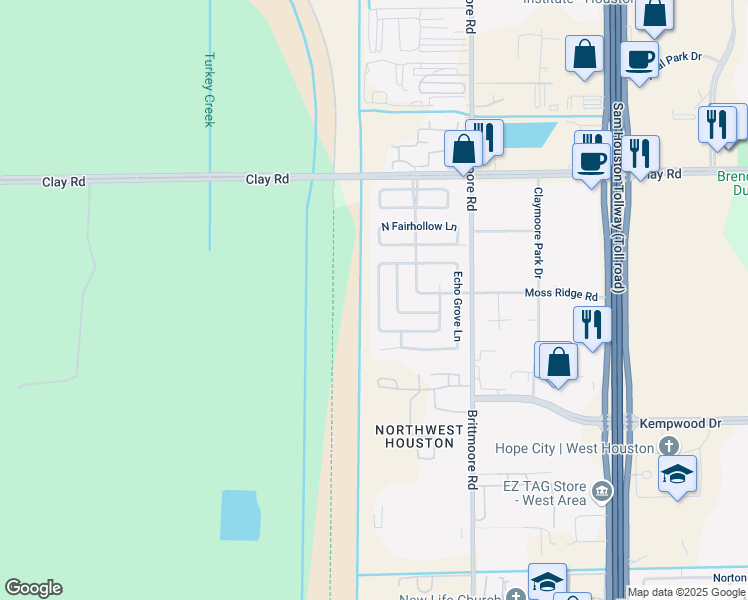 map of restaurants, bars, coffee shops, grocery stores, and more near 3807 Mountain Rose Lane in Houston