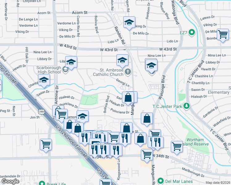map of restaurants, bars, coffee shops, grocery stores, and more near 5014 Saxon Dr in Houston