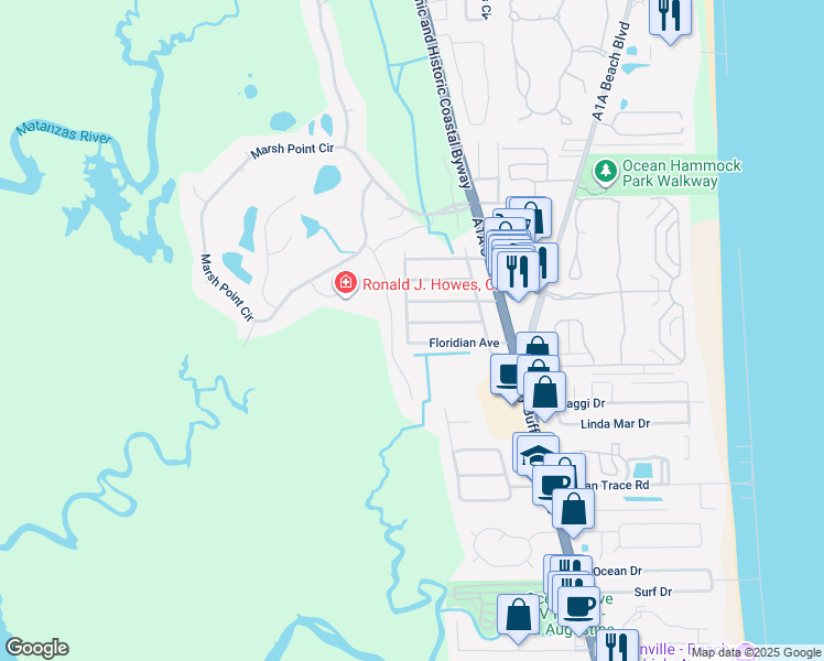 map of restaurants, bars, coffee shops, grocery stores, and more near 3756 Flamingo Street in St. Augustine