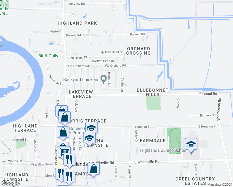 map of restaurants, bars, coffee shops, grocery stores, and more near 504 East Canal Road in Highlands