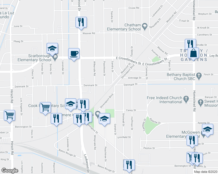 map of restaurants, bars, coffee shops, grocery stores, and more near 5210 Denmark Street in Houston