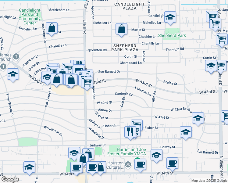 map of restaurants, bars, coffee shops, grocery stores, and more near 1030 Gardenia Drive in Houston
