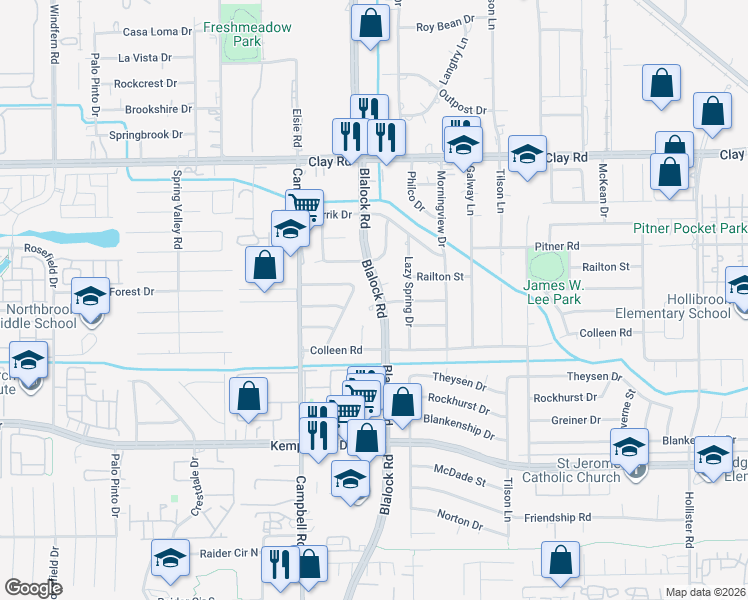 map of restaurants, bars, coffee shops, grocery stores, and more near 9314 Autauga Street in Houston