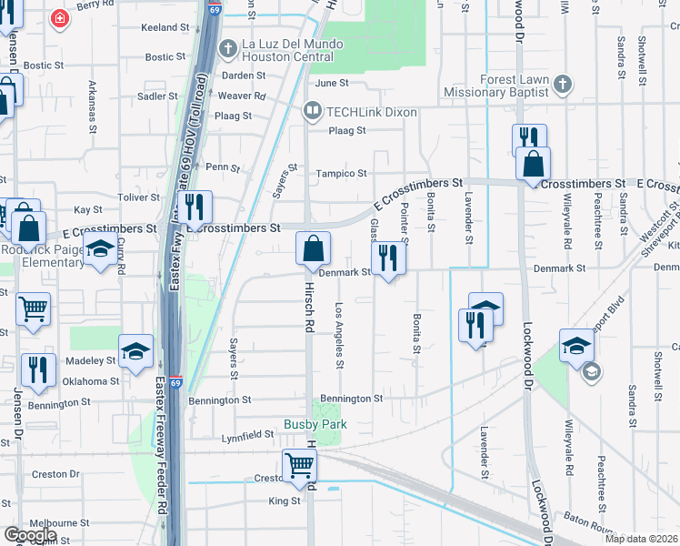 map of restaurants, bars, coffee shops, grocery stores, and more near 4201 Denmark Street in Houston