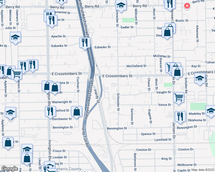 map of restaurants, bars, coffee shops, grocery stores, and more near 7601 Schneider Street in Houston