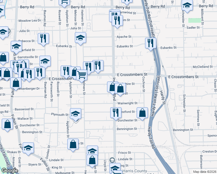 map of restaurants, bars, coffee shops, grocery stores, and more near 736 Yorkshire Street in Houston