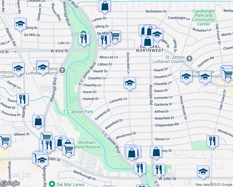 map of restaurants, bars, coffee shops, grocery stores, and more near 2035 Saxon Drive in Houston