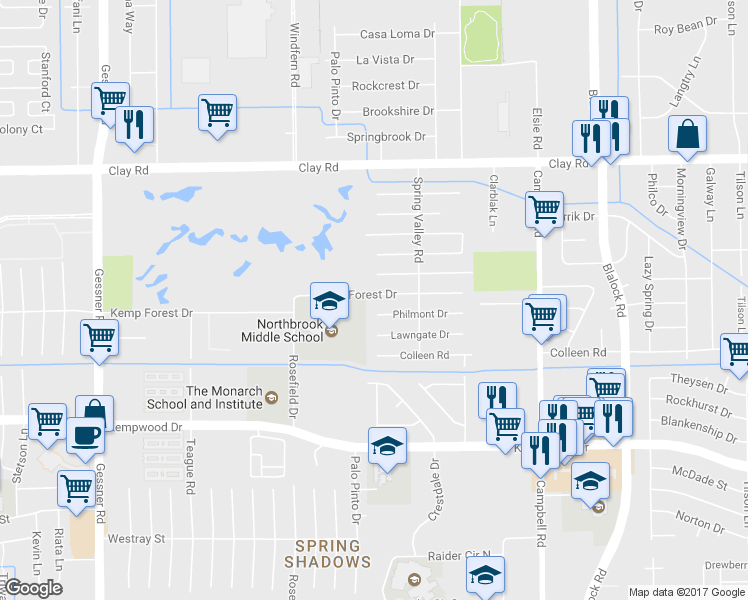 map of restaurants, bars, coffee shops, grocery stores, and more near 9735 Kemp Forest Drive in Houston