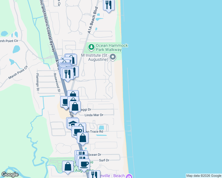 map of restaurants, bars, coffee shops, grocery stores, and more near 705 Ocean Palm Way in St. Augustine
