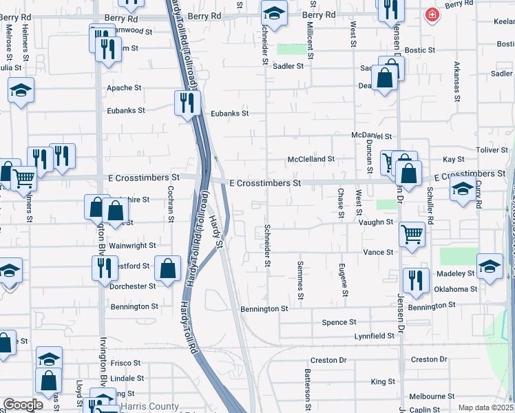 map of restaurants, bars, coffee shops, grocery stores, and more near 7601 Schneider Street in Houston