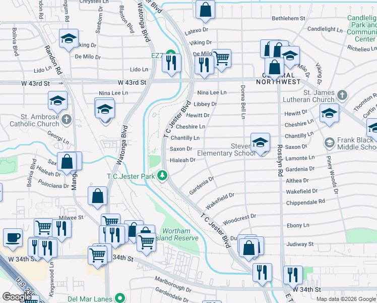 map of restaurants, bars, coffee shops, grocery stores, and more near 2227 Saxon Drive in Houston