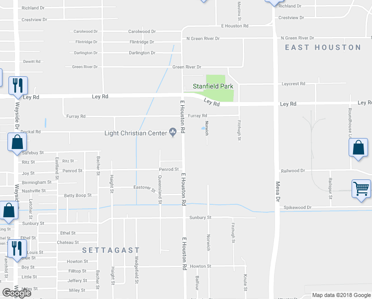 map of restaurants, bars, coffee shops, grocery stores, and more near 7300 East Houston Road in Houston