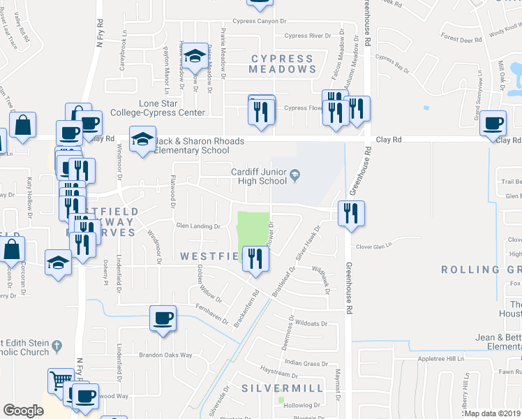 map of restaurants, bars, coffee shops, grocery stores, and more near 19211 Westfield Parkway in Katy