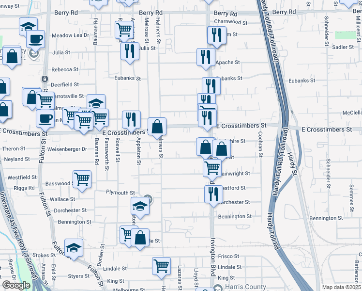 map of restaurants, bars, coffee shops, grocery stores, and more near 638 Yorkshire Street in Houston