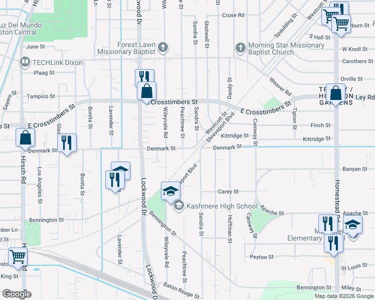 map of restaurants, bars, coffee shops, grocery stores, and more near 5210 Denmark Street in Houston