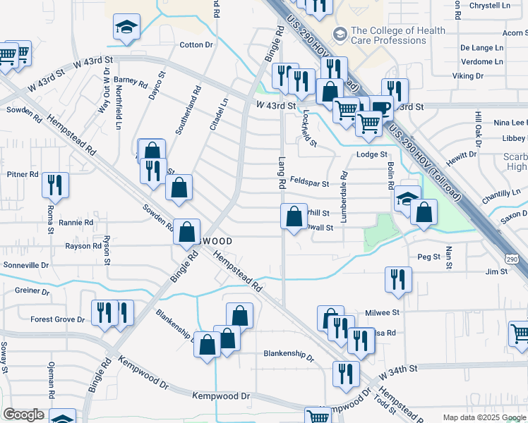 map of restaurants, bars, coffee shops, grocery stores, and more near 6621 Underhill Street in Houston