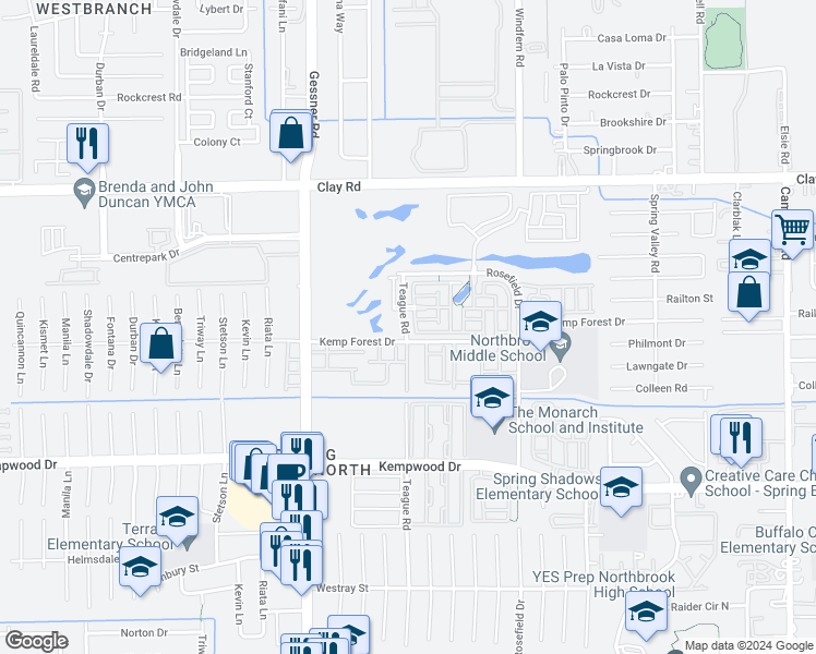 map of restaurants, bars, coffee shops, grocery stores, and more near 10016 Granary Drive in Houston