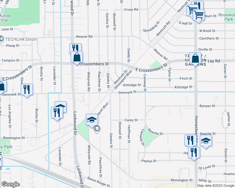 map of restaurants, bars, coffee shops, grocery stores, and more near 7421 Shotwell Street in Houston