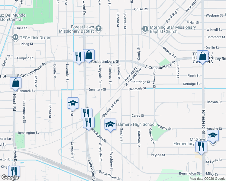 map of restaurants, bars, coffee shops, grocery stores, and more near 5210 Denmark Street in Houston