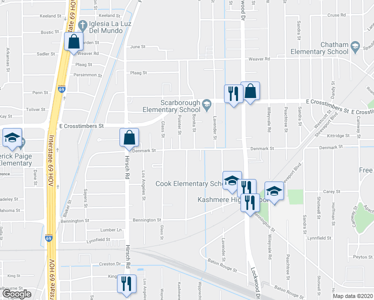 map of restaurants, bars, coffee shops, grocery stores, and more near 4447 Denmark Street in Houston