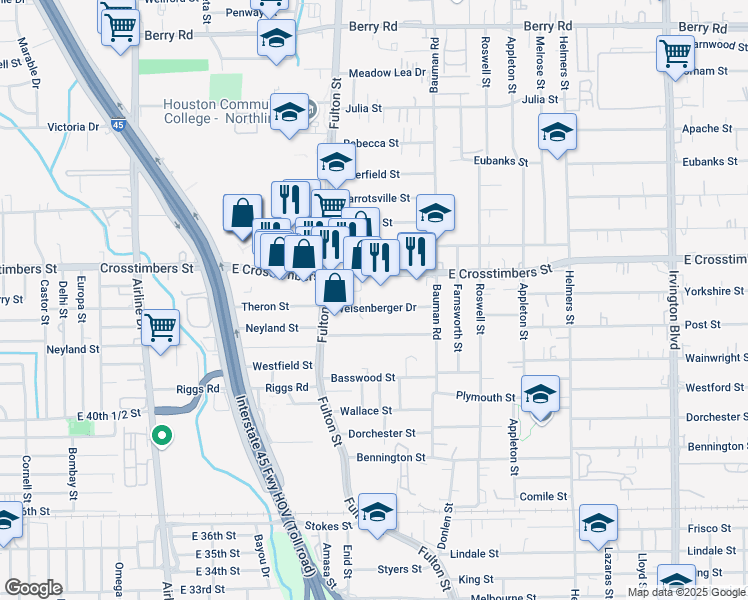 map of restaurants, bars, coffee shops, grocery stores, and more near 121 Weisenberger Drive in Houston
