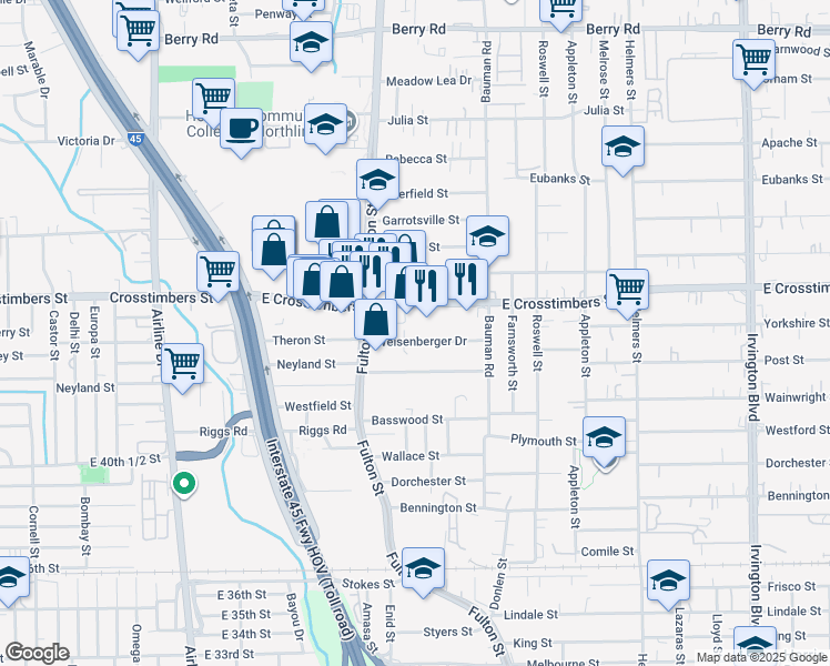 map of restaurants, bars, coffee shops, grocery stores, and more near 121 Weisenberger Drive in Houston