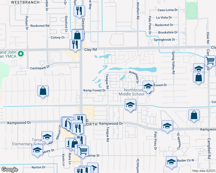 map of restaurants, bars, coffee shops, grocery stores, and more near 10016 Granary Drive in Houston