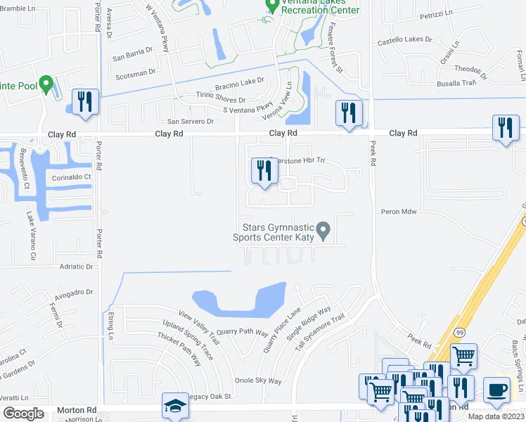 map of restaurants, bars, coffee shops, grocery stores, and more near 23331 Campwood Terrace Lane in Katy