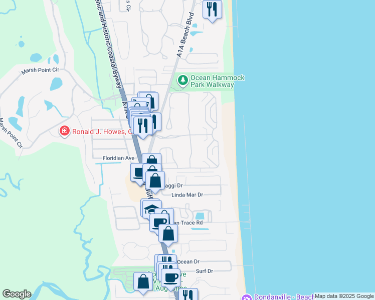 map of restaurants, bars, coffee shops, grocery stores, and more near 309 South Forest Dune Drive in St. Augustine