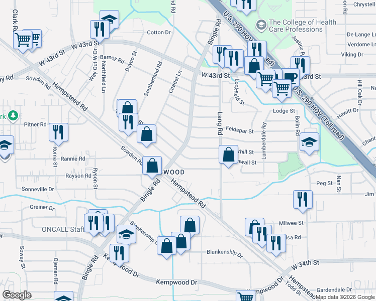 map of restaurants, bars, coffee shops, grocery stores, and more near 6657 Underhill Street in Houston