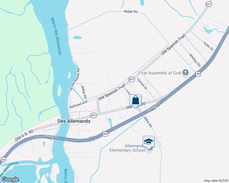 map of restaurants, bars, coffee shops, grocery stores, and more near 17251 Louisiana 631 in Des Allemands
