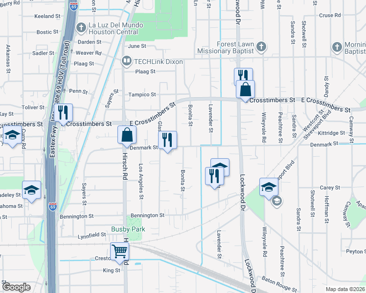 map of restaurants, bars, coffee shops, grocery stores, and more near 4447 Denmark Street in Houston