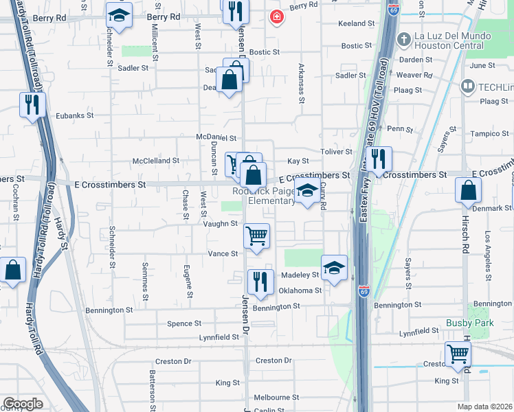 map of restaurants, bars, coffee shops, grocery stores, and more near 7506 Jensen Drive in Houston